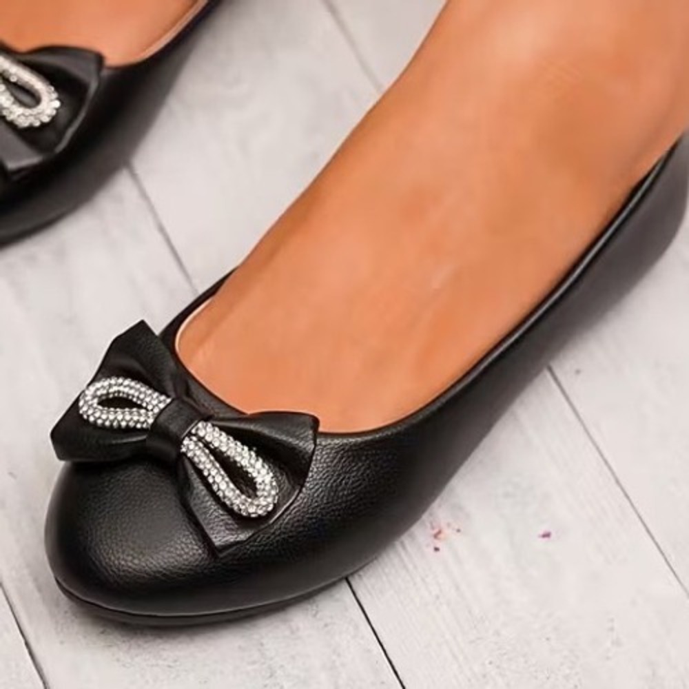 NIB Womens Black Bow Rhinestone Ballet Flats Shoes Round Toe Slip On Casual Sz 7